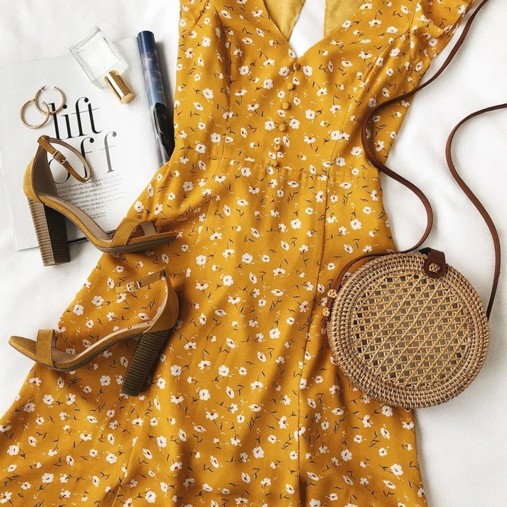 Fresh Picked Mustard Yellow Floral Print Backless Maxi Dress